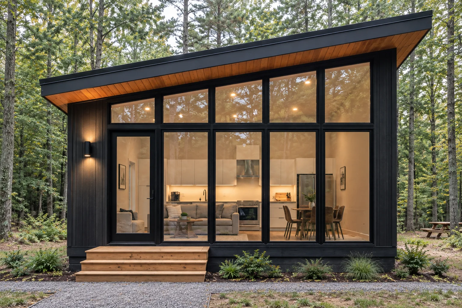The Birch cabin, front glass wall under a shed roof