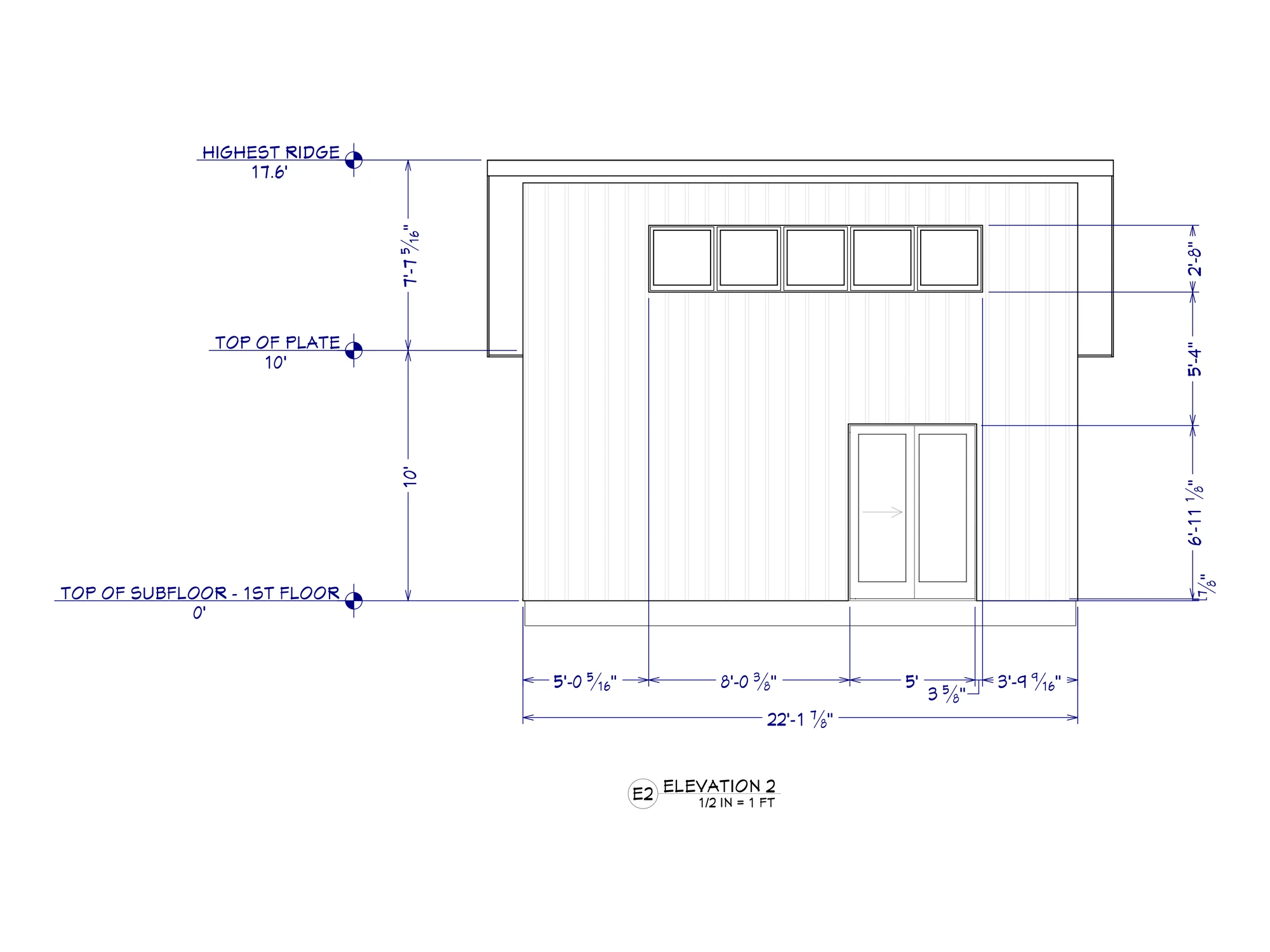 The Spruce cabin, elevation 2, entry side with clerestory windows