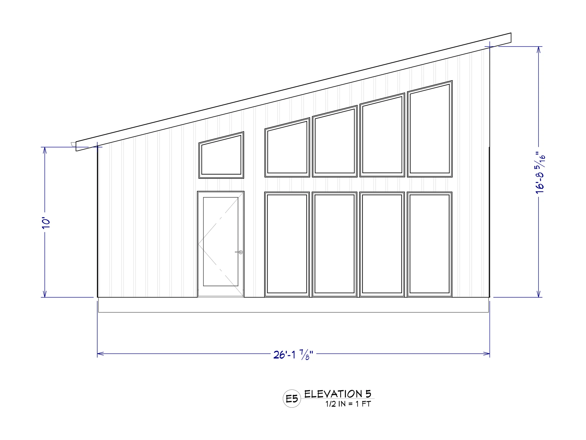 The Spruce cabin, elevation 5, glass front under a shed roof