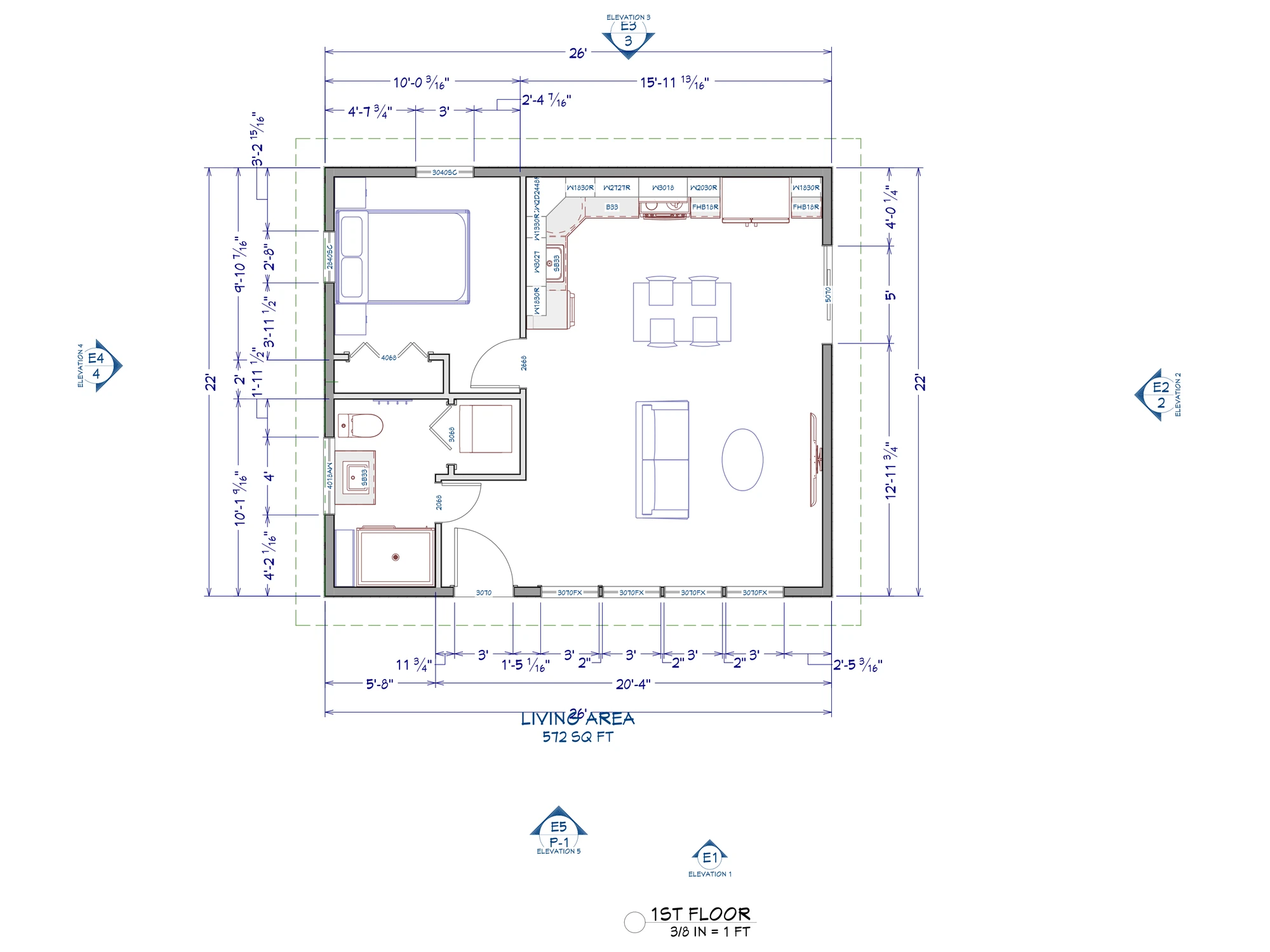 The Spruce cabin floor plan, 26 by 22 ft, 572 sq ft living area