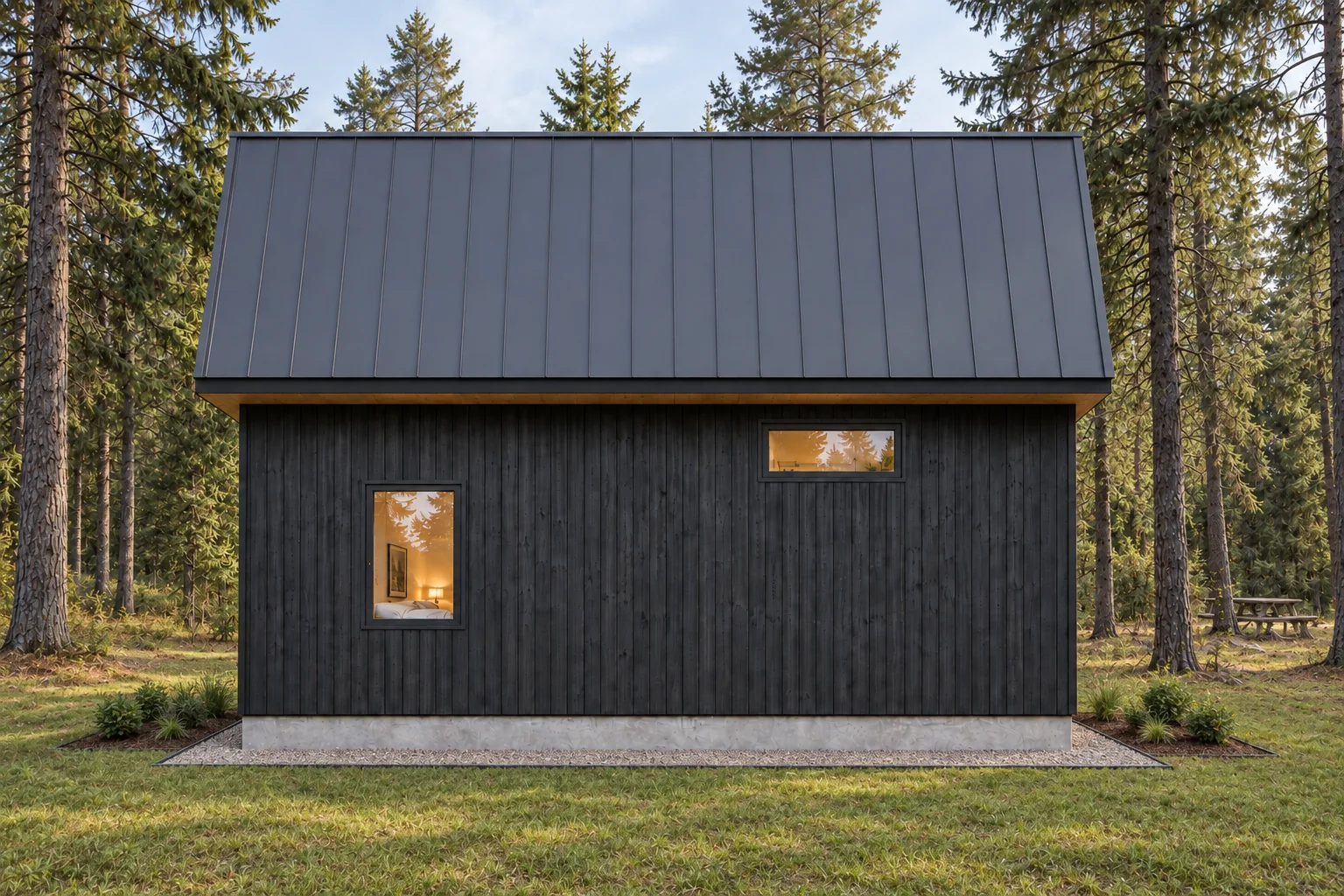 The Spruce cabin with a gable metal roof