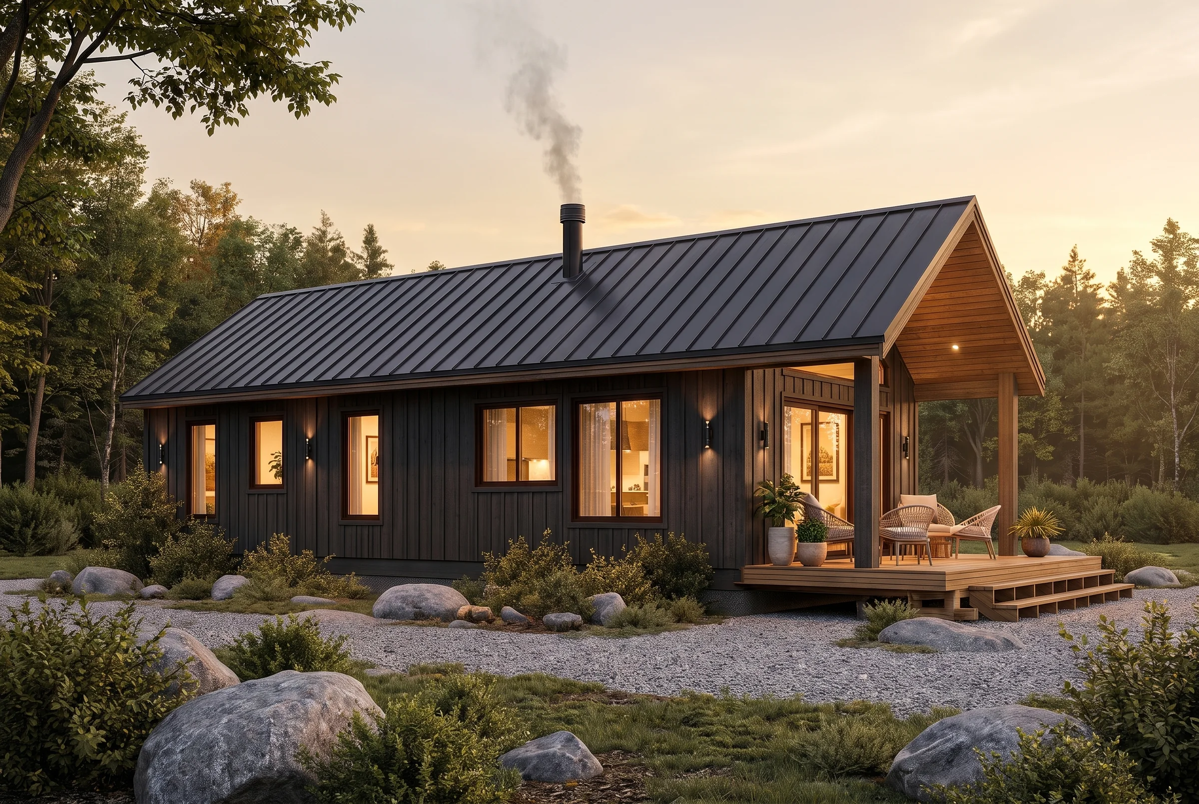 The Tamarack cabin, porch at dusk